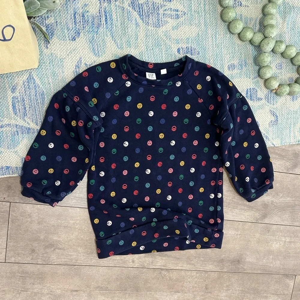 GAP Girls Smiley Face Emoji Pullover Puff Sleeve Sweatshirt Size Small